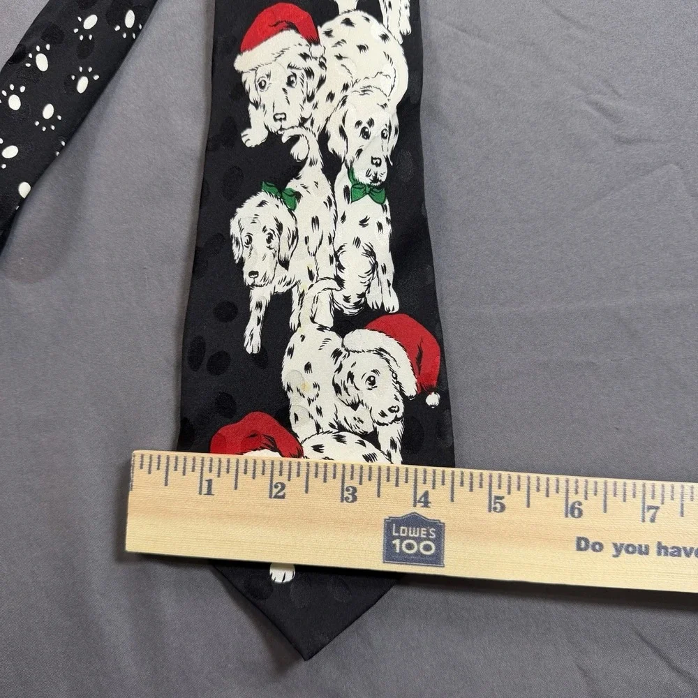 Vintage Addiction Mens Black Silk Neck Tie Dalmatian Puppies Christmas Santa Hat